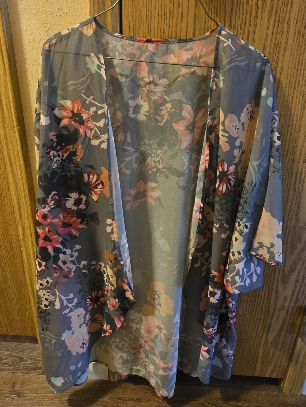 Floral Sheer Kimono Cover-Up in Slate Gray and Coral